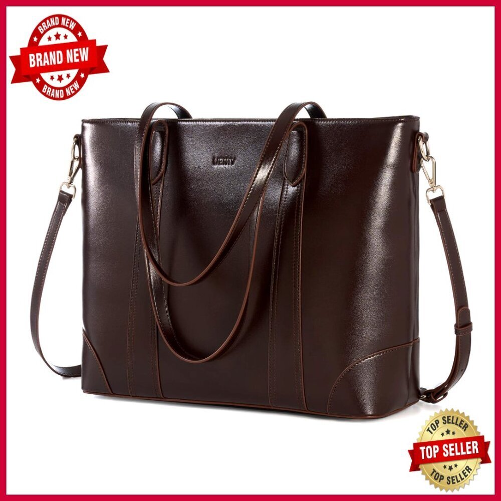 Large Leather Tote Bag with Multiple Pockets, Adjustable Strap, Vintage Style